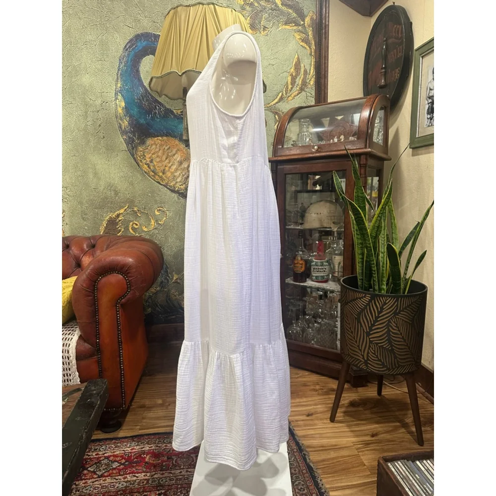 Boho Chic White Cotton Gauze Tiered Maxi Dress XL - Picture 5 of 11